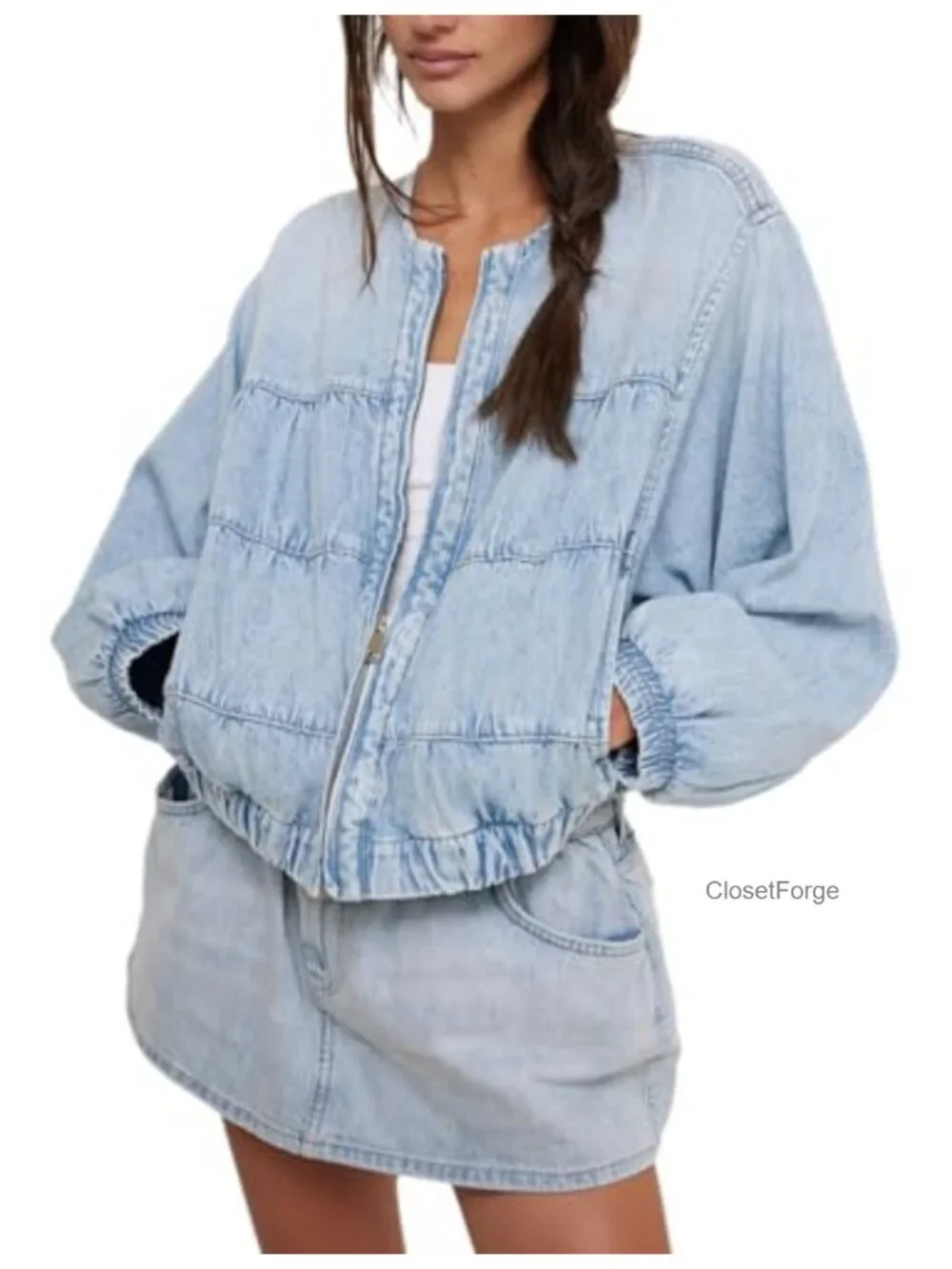 Women's Cropped Denim Jacket Zip Up Ruched Washed Cotton Loose Fit Long Sleeves